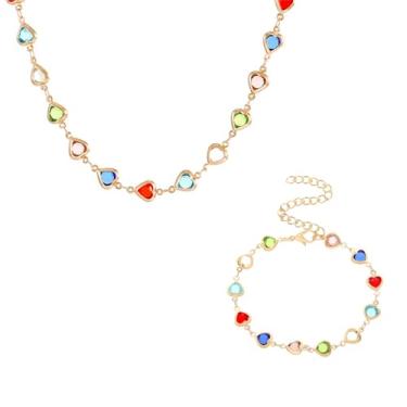 Imagem de Conjunto de colar de gargantilha com contas de corações coloridos e delicados para mulheres, multicolorido, amor, cristal, brilhante, arco-íris, colares, doces, festas, formatura, pescoço, joias