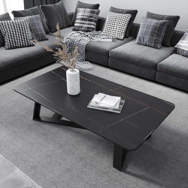 Imagem de Mesa De Café Retangular Moderna, Mesa De Centro De 31 Polegadas Mesa De Centro Para Casa Com Tampo De Pedra Sinterizada E Estrutura De Aço Preto Pernas Cruzadas Mesa De Sofá, Gold Black