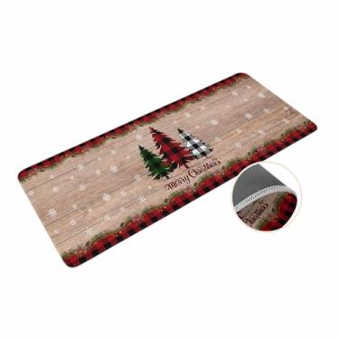 Imagem de Conjunto de tapetes de cozinha de Natal, árvore de Natal, conjunto de tapetes e tapetes antiderrapantes para pia, lavanderia, poinsétia, baga vermelha, grão de madeira, tapete absorvente 40,6 x 119,4