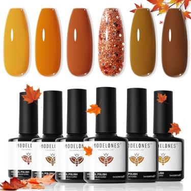 Imagem de modelones Conjunto de esmalte de gel de outono, 6 cores, laranja, amarelo, marrom, glitter, kit de unhas de imersão para manicure, faça você mesmo, salão de beleza, presente de casa para mulheres e