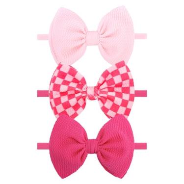 Imagem de YanJie 3 peças de laços xadrez de 11 cm para meninas, faixa de cabeça rosa choque, acessórios de cabelo rosa para meninas recém-nascidas, roupas de bebê