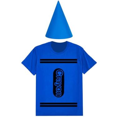 Imagem de Coume Conjunto de fantasia de giz de cera de Halloween, camiseta de feltro, chapéu de feltro, divertido, para mulheres, homens, cosplay (3GG, azul)