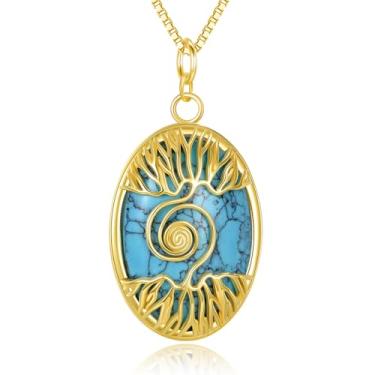Imagem de BHUBREA Colar de árvore da vida banhado a ouro 14 k – pingente de pedra turquesa vintage boêmio, joia nativa americana, presente para mulheres, corrente de caixa de 45,7 cm