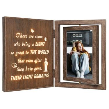 Imagem de EYITUPC Porta-retrato giratório de madeira memorial com citação iluminada – Presentes de simpatia para a perda do ente querido, presentes de condolências de luto com 5 x 15 cm