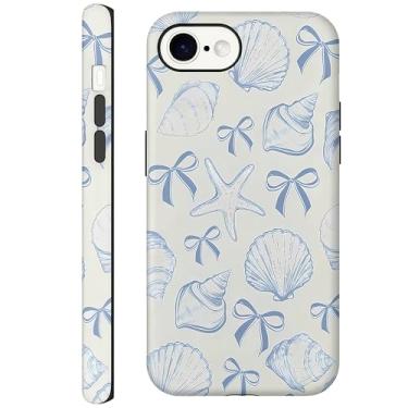 Imagem de CAINAT Capas estéticas para iPhone 16e, design de concha de laço azul, capa protetora híbrida rígida de 2 camadas para mulheres e meninas