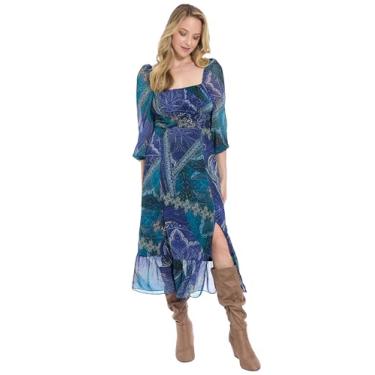 Imagem de London Times Vestidos femininos midi de gola quadrada Paisley mangas 3/4 - evasê para convidados de casamento, Azul/azul-petróleo, 46