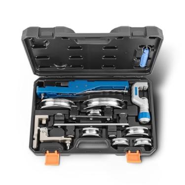 Imagem de maXpeedingrods Conjunto de dobrador de tubos, 1/10.2 cm a 7/20.3 cm, ferramenta de dobra de tubo para frente/reverso de 90° com 7 matrizes de alumínio, cortador de tubo e ferramenta de rebarbação