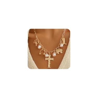 Imagem de Colar com pingente de cruz dourada para mulheres, crucifixo grosso, colar de pérola vintage, joias modernas, Large, Liga de aço, Sem Pedra Preciosa