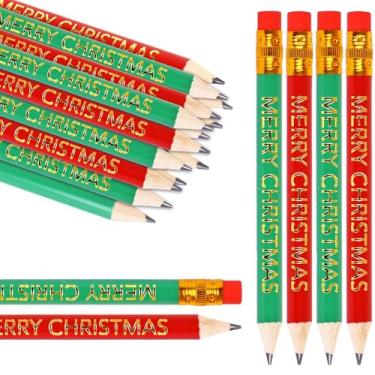 Imagem de Whaline 50 lápis curtos de Natal com borrachas folha dourada Feliz Natal lápis de escrita de madeira vermelho verde férias golfe meio lápis para Natal, inverno, artigos de papelaria, lembrancinhas de
