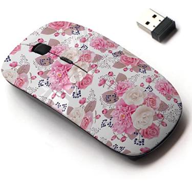 Imagem de Mouse sem fio 2,4 G com design de padrão fofo para todos os laptops e desktops com nano receptor - floral branco rosa