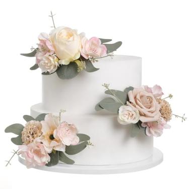 Imagem de YYHUAWU 3 peças de topo de bolo de flores artificiais, enfeites de bolo pré-fabricados, decorações de bolo de rosas artificiais para casamento, aniversário, festa de batismo, noiva ou chá de bebê