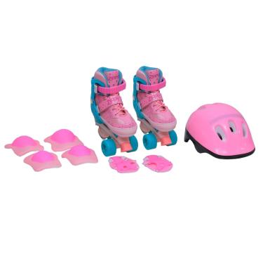 Imagem de Zippy Toys, Kit de Patins Infantil Ajustável com Capacete Joelheira Cotoveleira e Munhequeira Clássico 30 ao 33, Rosa e Verde