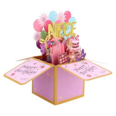 Imagem de Cartão Pop Up Happy Birthday para Sobrinha, Balões Coloridos e Fogos Artifício Cartão Comemorativo 3D com Envelope Caixa de Presente Pop Up Criativa e Doce para o Aniversário da Sobrinha