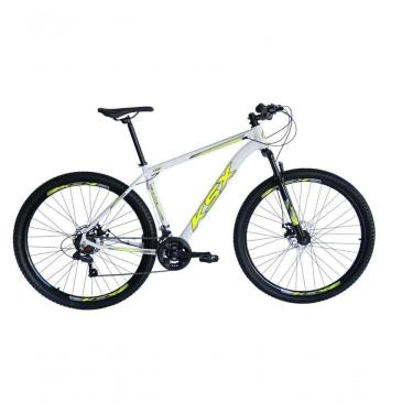 Imagem de Bicicleta Aro 29 Ksx Sd7 21v Cabos Internos Alumínio Freios A Disco Garfo Suspensão Branco Amarelo Tamanho 21