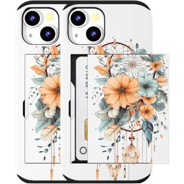 Imagem de MUQR Capa compatível com iPhone 15 Plus com porta-cartão fofo - Design Kawaii, proteção contra quedas de grau militar, capa carteira robusta para mulheres (apanhador de sonhos branco apanhador de