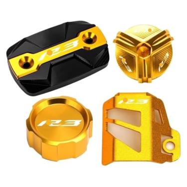 Imagem de Tampa do reservatório de fluido de freio dianteiro traseiro da motocicleta tampa do cilindro protetor de óleo R3 compatível com YZF-R3 YZFR3 2015-2021 2023 (A-ouro)