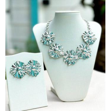 Imagem de Conjunto de Brinco e Colar com Detalhe em Azul - 1 Milésimo de Ouro co