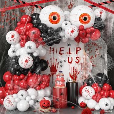 Imagem de Halloween Balloons Arch Scary Bloody Red White Balloons Garland with Spider Web 3D Spider Stickers Eyeball Blood Handprint Latex Helium Balloon Halloween Birthday Party Decorations Haunted House