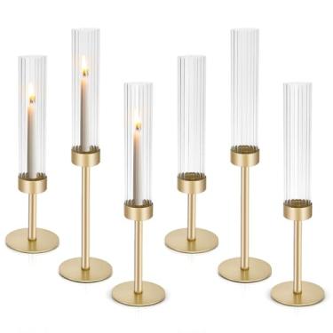 Imagem de Castiçais de vidro furacão dourado: Castiçal de vidro alto Cadhodenm para casamento, conjunto de 6 castiçais cônicos de latão, suporte de varas modernas para mesa de centro de mesa, festa, decoração
