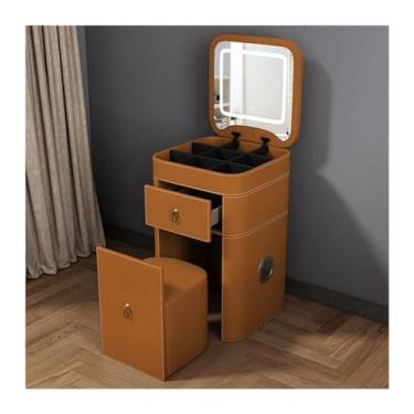 Imagem de hezhuhe2258 Penteadeira de penteadeira de maquiagem penteadeira para pequenos espaços aparência de couro artificial conjunto de mesa penteadeira com espelho iluminado ajustável banco acolchoado