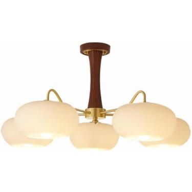 Imagem de Lustre moderno de vidro leitoso, semi-embutido, luminária de teto, estilo fazenda, rústico, madeira, pendente, redondo, grande, lustre para sala de estar, quarto, 5 luzes, luz de teto