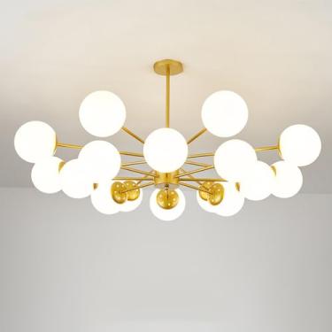 Imagem de Lustre de vidro leitoso moderno de meados do século, semi-embutido, Sputnik, luz de teto, dourado, preto, estilo fazenda, rústico, pendente, para sala de estar, quarto, mesa de jantar, ilha