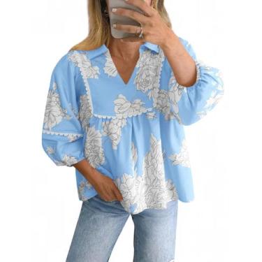 Imagem de Blusa feminina Tankaneo Floral Peplum Babydoll com decote em V azul cl