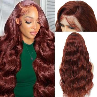 Imagem de Peruca frontal de renda Boumon marrom avermelhado Body Wave 60cm