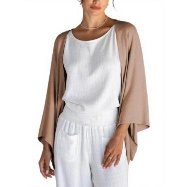 Imagem de Cardigan Bankeng feminino de linho, manga 3/4, aberta, frontal, marrom