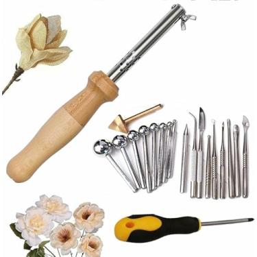 Imagem de LGEOELIAS Conjunto de ferramentas de fabricação de flores de tecido, 18 cabeças de engomar, máquina de passar flores de tecido, temperatura ajustável de 80 a 200 °C, para tecido de tecido DIY