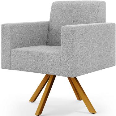 Imagem de Poltrona Giratória Sala de Estar Base de Madeira Helô L02 Bouclê Cinza - Lyam Decor