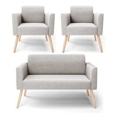Imagem de Sofá Namoradeira com 2 Poltronas Pés Palito Natural Marisa Veludo Cinza D03 - D'Rossi