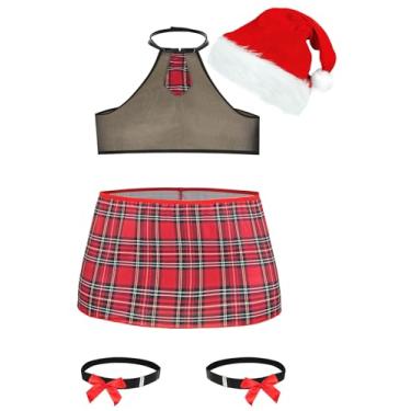Imagem de FEOYA Conjunto de lingerie masculina Sissy, conjunto de saia/shorts xadrez, fantasia de Natal, Conjunto de saia com 4 peças, M