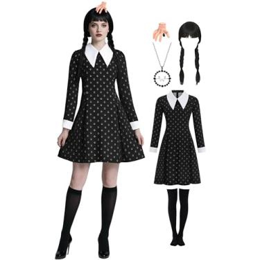 Imagem de Slivomi Vestido preto feminino para fantasia de Halloween com acessórios para colar de peruca, Mulheres adultas, M