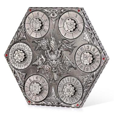 Imagem de Kabinka DND Dice Set, 7 in 1 Metal Spin-Dial Dice with Storage Bag, Portable Celtic Knot D&D Dice for D4/D6/D8/D10/D12/D20 Role Playing Board Games (Patina Silver)