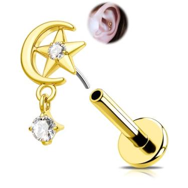 Imagem de OUFER Joia piercing de hélice de ouro 18G, brincos de hélice de titânio sólido G23 com pino de pressão para frente, estrela da lua brilhante CZ transparente pendente labret lábio cartilagem concha