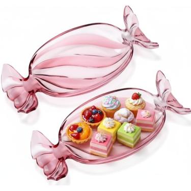Imagem de Uiifan 2 peças de pratos de doces de Natal, travessas, pratos de vidro de cristal para servir biscoitos de frutas, sobremesas, hortelã-pimenta, utensílios de mesa para festa de Natal (rosa, grande)