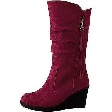 Imagem de Botas femininas de inverno quentes de camurça com zíper anabela botas de neve para uso ao ar livre, Vermelho, 39 BR