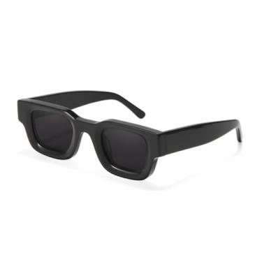 Imagem de HCHES Óculos de sol retangulares grossos de acetato feitos à mão para homens e mulheres, óculos escuros Uv400 (preto e cinza)