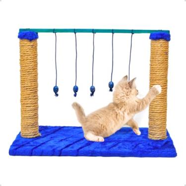 Imagem de Arranhador Para Gatos Pet Poste Varal Azul Dois Postes Sisal Brinquedo Com Bolinhas Pena Carpete Anti Stress Anfia Unhas