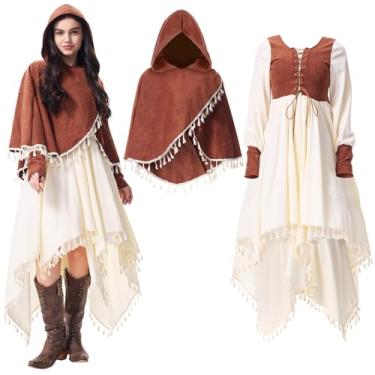 Imagem de Vestido Renascentista Feminino Medieval Fantasia Ren Faire Manga Longa com Colete Marrom para Cosplay de Halloween (Vestido Medieval com Capa, GG)