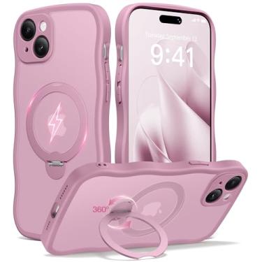 Imagem de CAPRARO Capa para iPhone 15 com suporte magnético giratório de 360° para mulheres, [compatível com MagSafe] [proteção total da câmera] Capa fosca translúcida ondulada fofa para iPhone 15, groselha