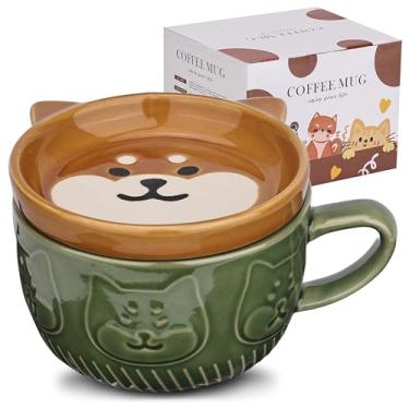 Imagem de Linda caneca de café de cerâmica para cachorro com tampa, canecas de café kawaii ou xícaras de chá para amantes de cães, novidade engraçada, canecas de café da manhã para mulheres, esposa, mãe, meninas, meninos, amigos, crianças 300 ml (verde)