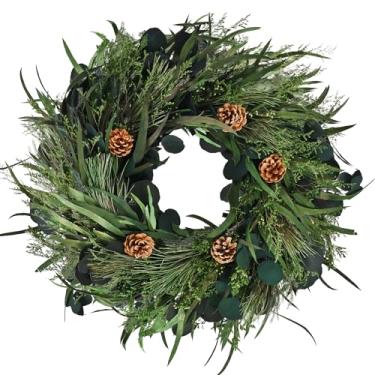 Imagem de YZXZM Guirlanda de Natal para porta da frente | Feita de ramos de pinheiro de verdade | Guirlandas verdes grandes de 61 cm para entrada de varanda e quintal