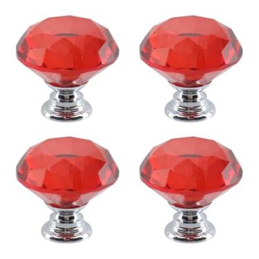 Imagem de Dahszhi 4 peças de diamante de topo plano 30 mm puxador de vidro de cristal puxadores de armário gavetas armário cômoda estante guarda-roupa, prata-vermelho