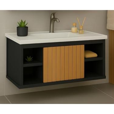 Imagem de Gabinete Com Cuba Suspenso para Banheiro Nichos Com Porta Completo (Preto Ripado)