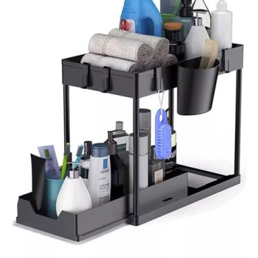 Imagem de Organizador Multiuso 2 Níveis com Bandeja Deslizante – Prateleira Metálica com Pintura Eletrostática Preta, Ideal para Banheiro, Cozinha e Lavanderia – Montagem Simples e Alta Durabilidade