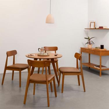 Imagem de Conjunto Mesa Jantar Square Laminada Redonda Natural - 88cm + 4 Cadeiras Nord Encosto Madeira Assento PU Cognac