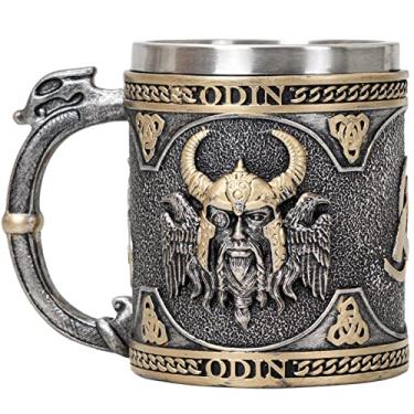 Imagem de Odin Caneca Viking Tankard Dragon Handle Beer Cup Caneca de Café, Canecas de Aço Inoxidável Beber Canecas Nordic Viking Presente para Homens