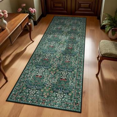 Imagem de Tapete lavável para corredor de corredor de 6 x 15 cm – Tapete floral vintage antiderrapante para porta da frente, tapete pequeno inspirado em Morris para entrada, quarto, cozinha, lavanderia